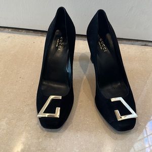 Gucci Black Suede Square Toe Metal Trim Pumps Size 36.5